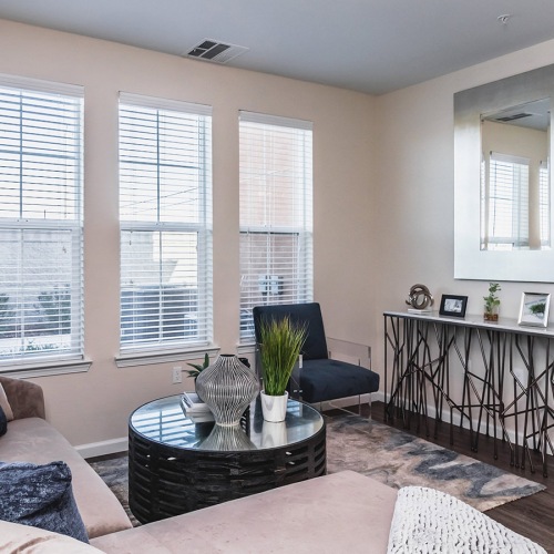 Elk Grove, CA Apartments For Rent - Vasari - Living Room with Wood-Style Plank Flooring, Area Rug, Sectional Couch, Chair, Round Coffee Table, and Windows with Blinds